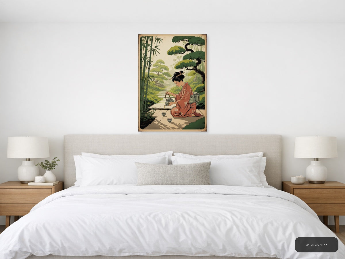 Vintage Asian Woman Pouring Tea in Garden Wall Art — A1 / Bedroom