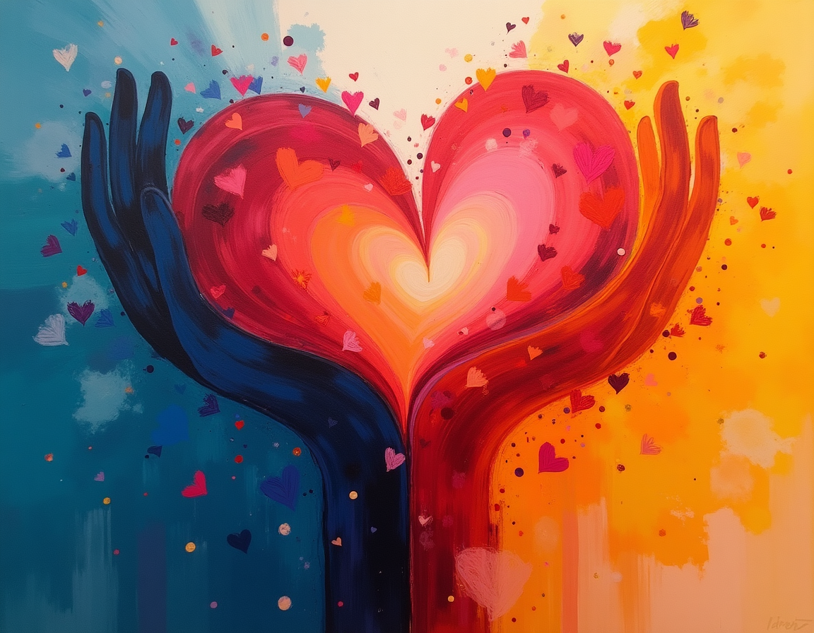 Glowing Heart in Hands Abstract Rainbow Canvas Print Wall Art