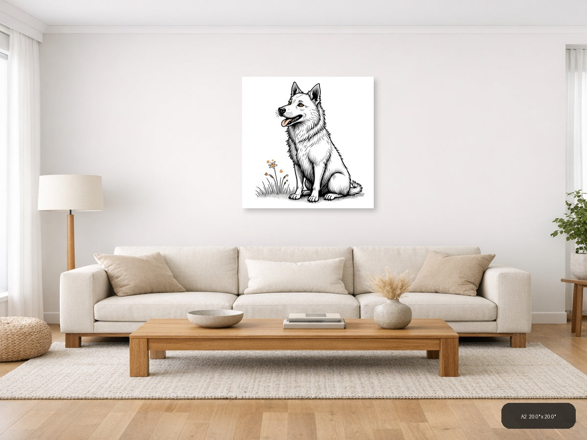 Happy Husky Dog Line Art Drawing Wall Art — A2 / Living Room