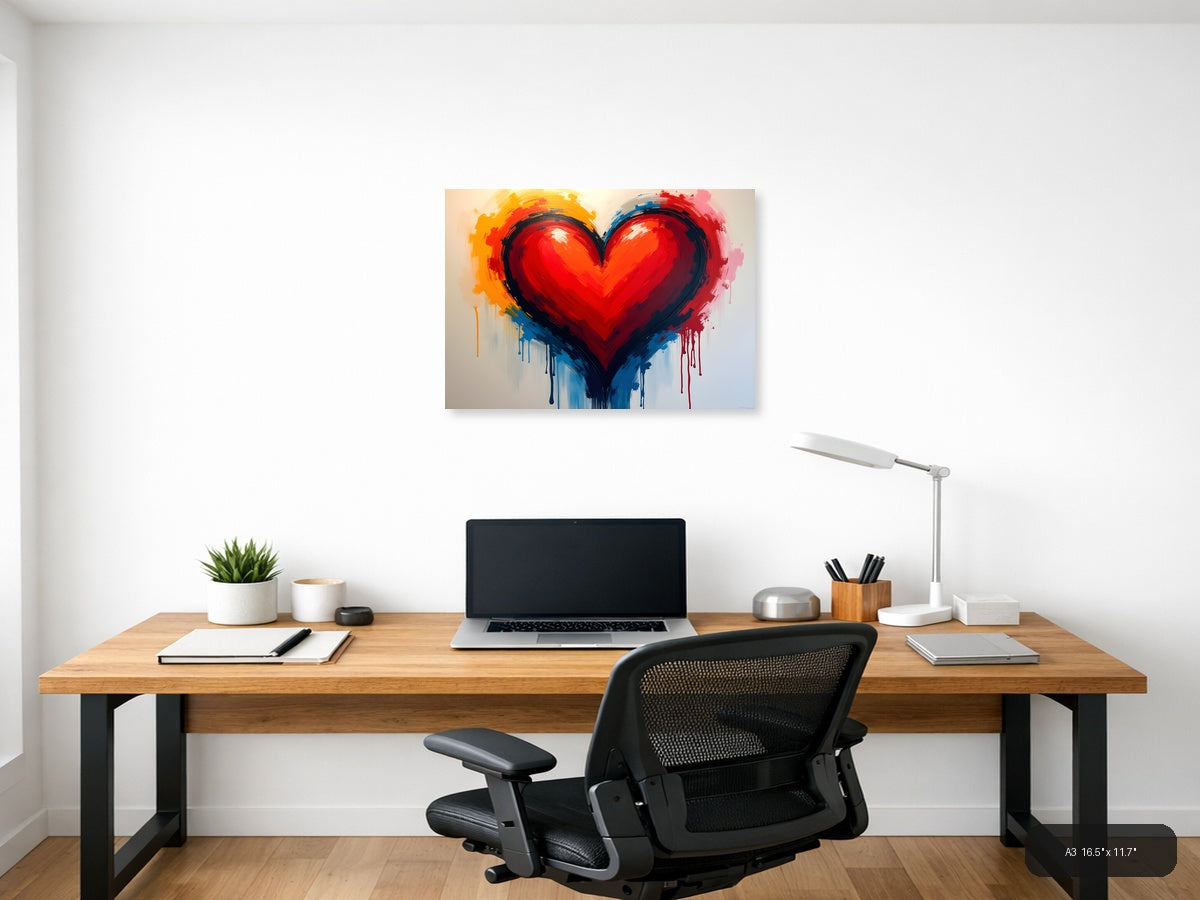 Abstract Red Heart with Colorful Drip Abstract Wall Art — A3 / Office