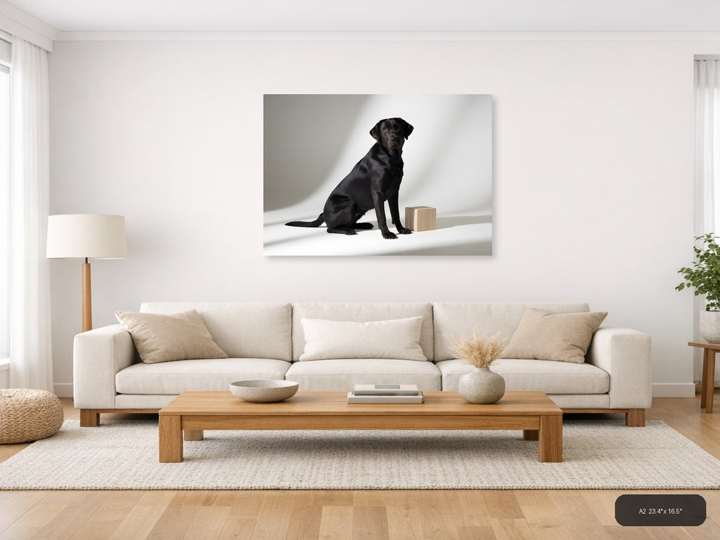 Black Labrador with Wooden Block Minimalist Wall Art — A2 / Living Room