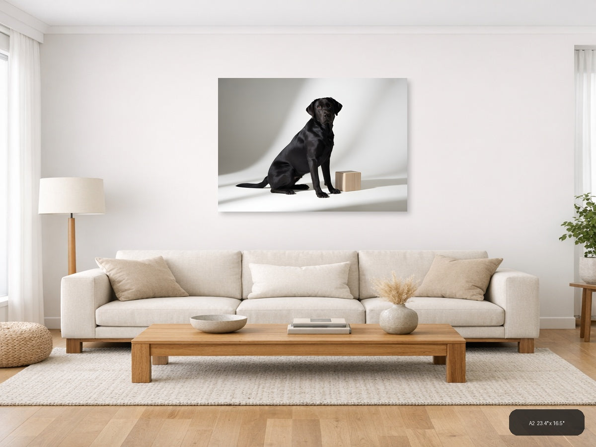 Black Labrador with Wooden Block Minimalist Wall Art — A2 / Living Room
