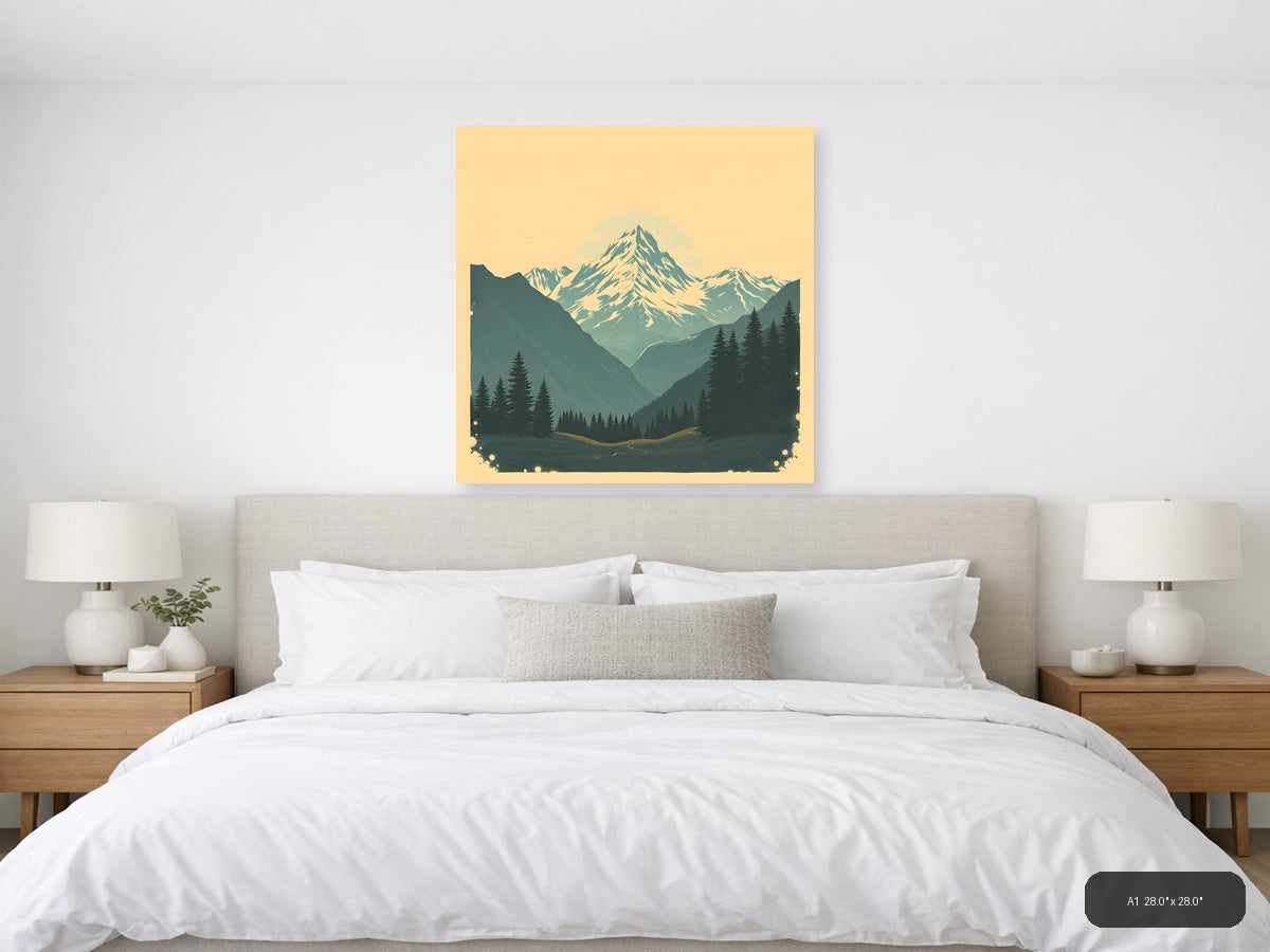 Vintage Mountain Valley with Snow Peak Wall Art — A1 / Bedroom