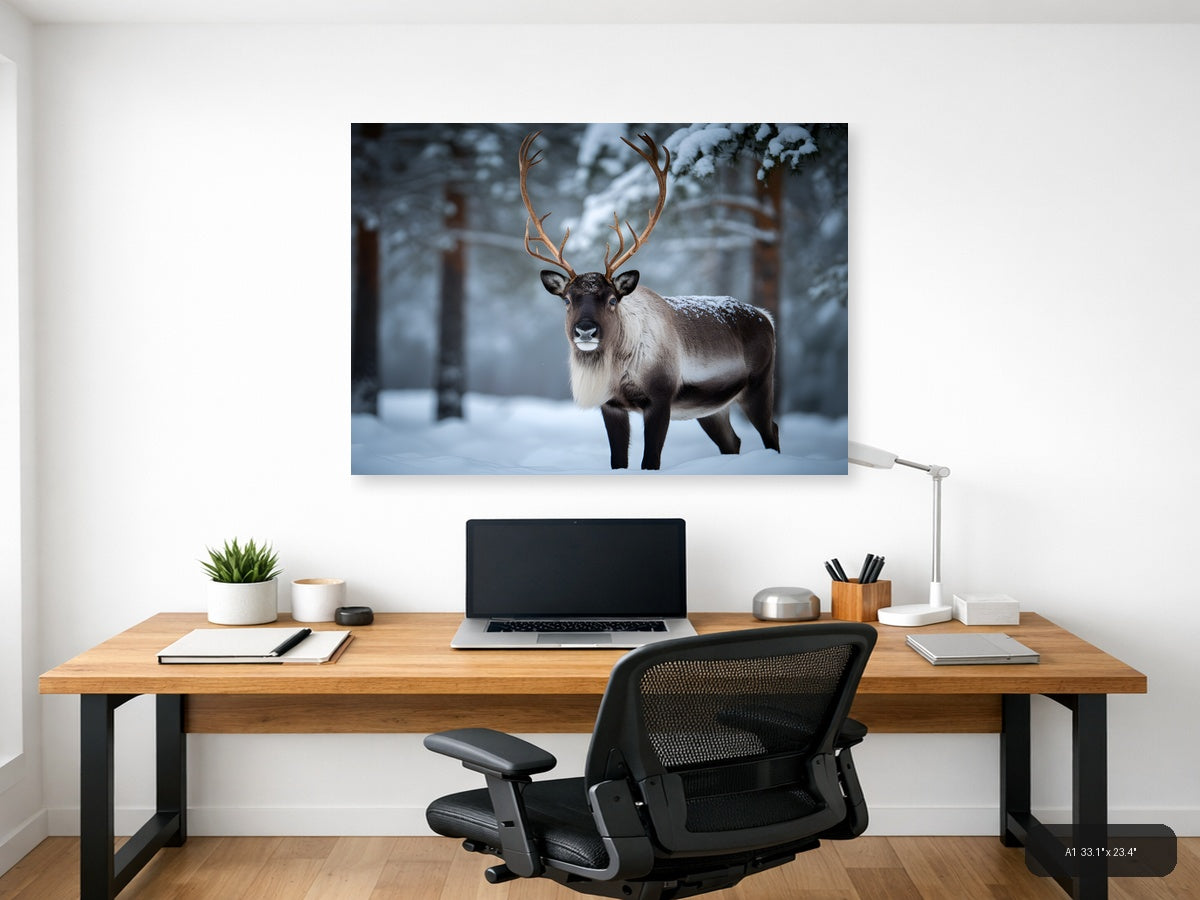Majestic Reindeer in Snowy Forest Photography Wall Art — A1 / Office
