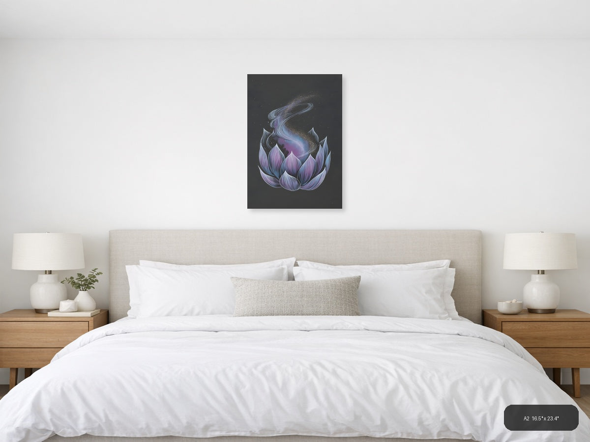 Cosmic Lotus Flower Line Art Galaxy Wall Art — A2 / Bedroom
