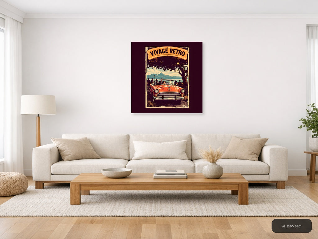 Vintage Retro Classic Car Mountain Landscape Wall Art — A2 / Living Room