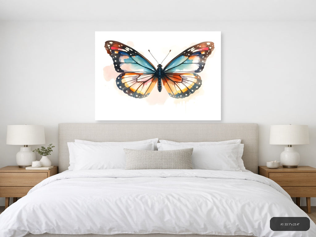 Watercolor Butterfly with Turquoise and Orange Wings Wall Art — A1 / Bedroom