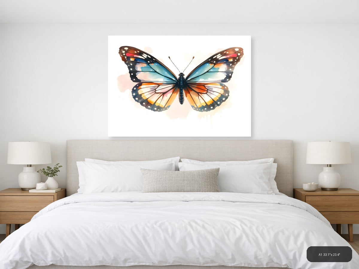 Watercolor Butterfly with Turquoise and Orange Wings Wall Art — A1 / Bedroom