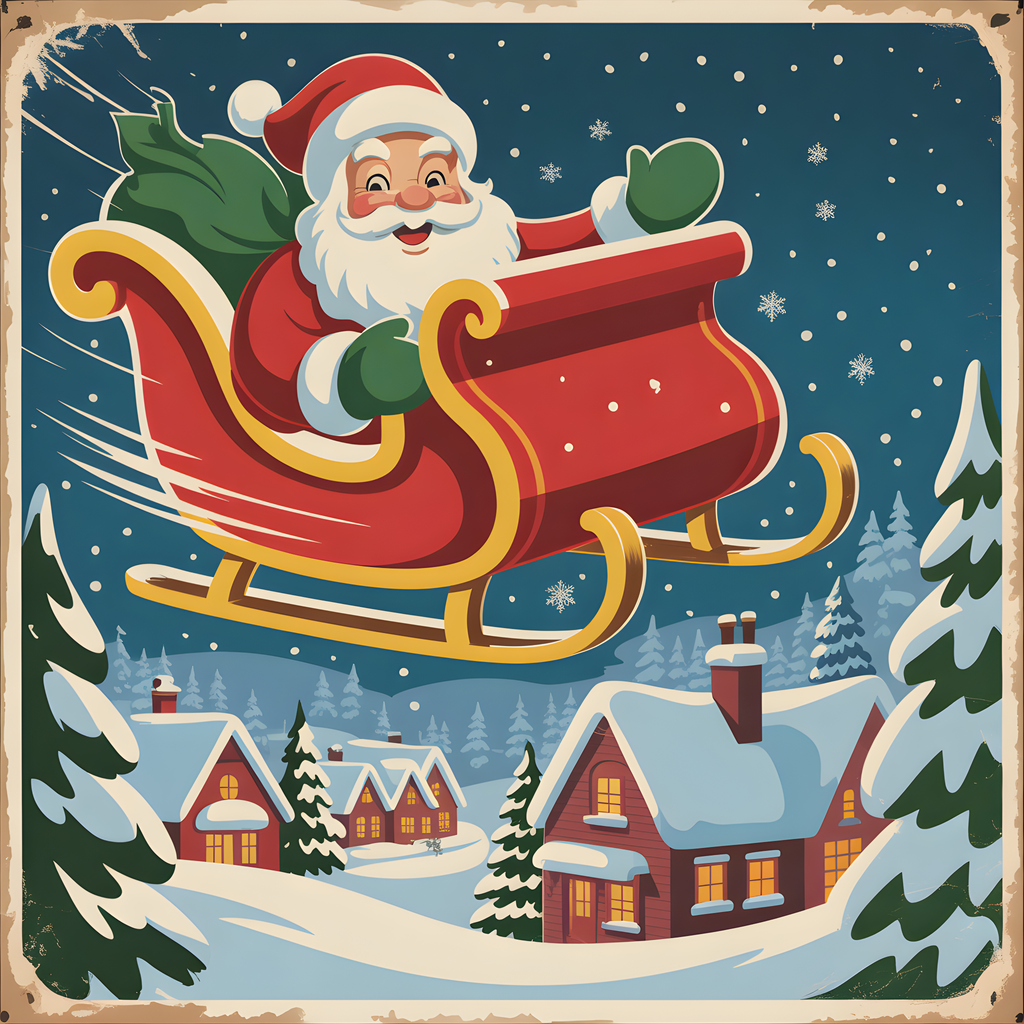 Vintage Santa Sleigh Christmas Night Sky Wall Art