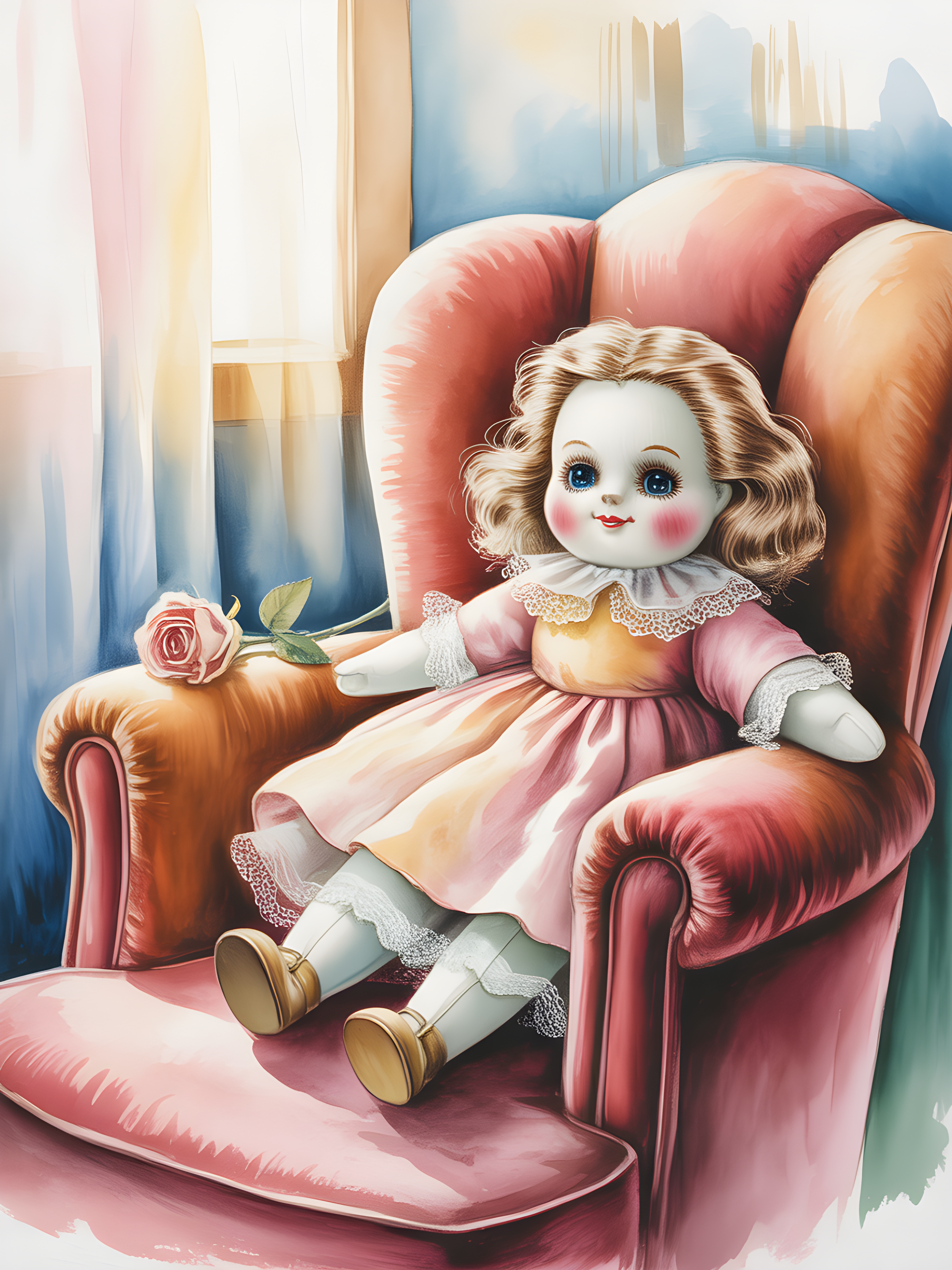 Vintage Doll in Pink Chair Watercolor Wall Art