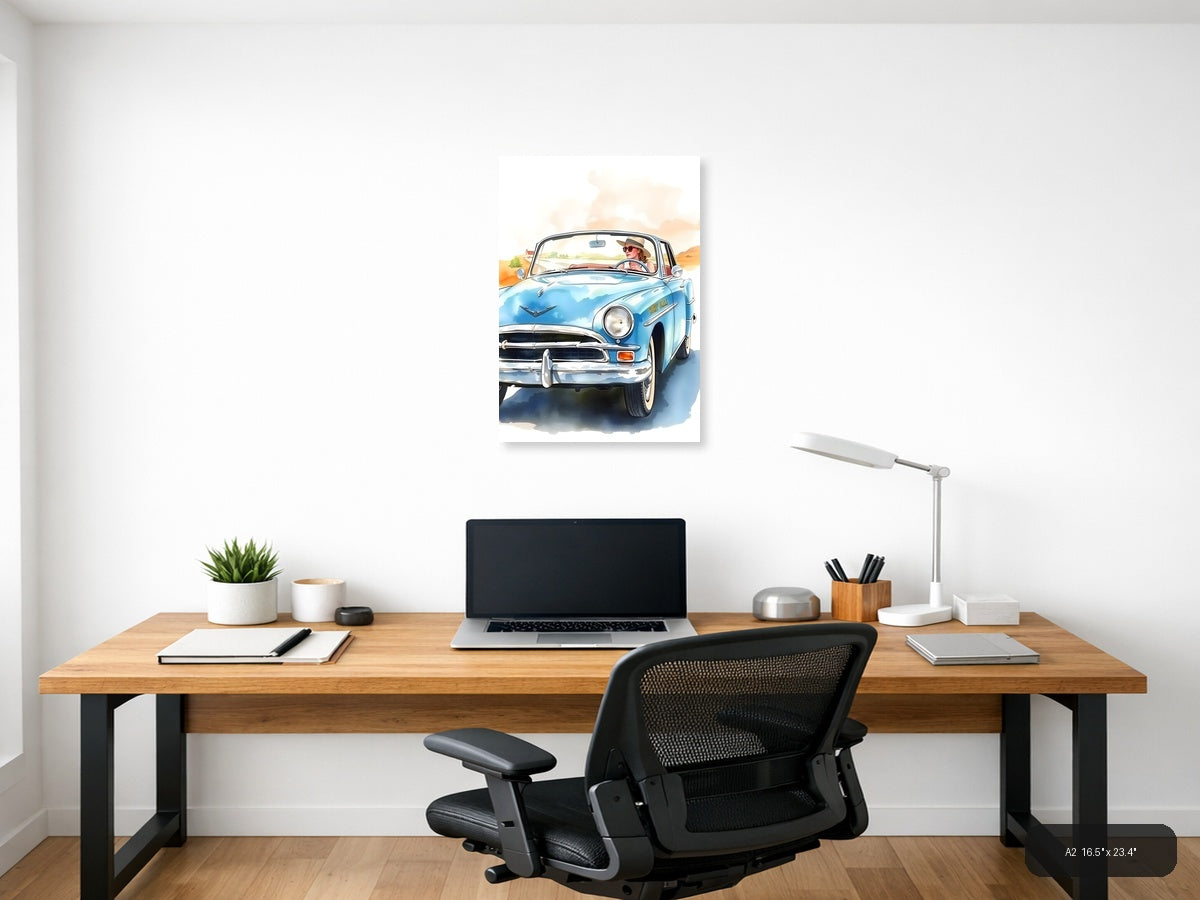 Blue Convertible Car Watercolor Portrait Wall Art — A2 / Office
