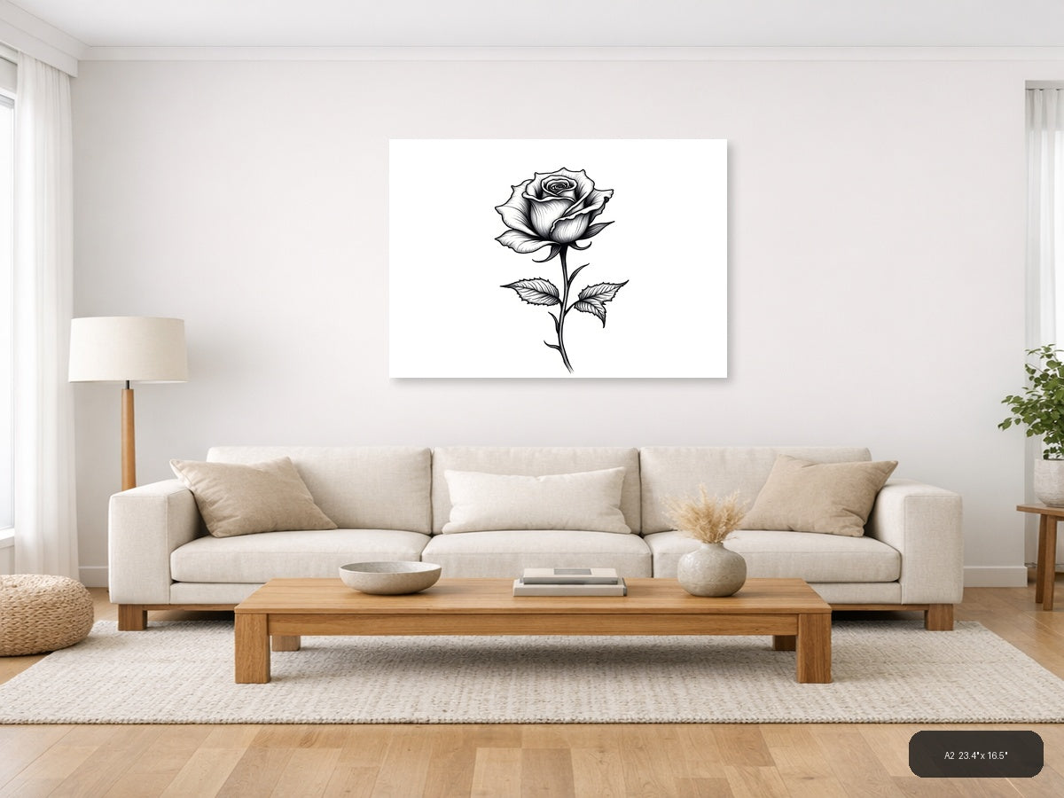 Black Rose Line Art Botanical Sketch Wall Art — A2 / Living Room