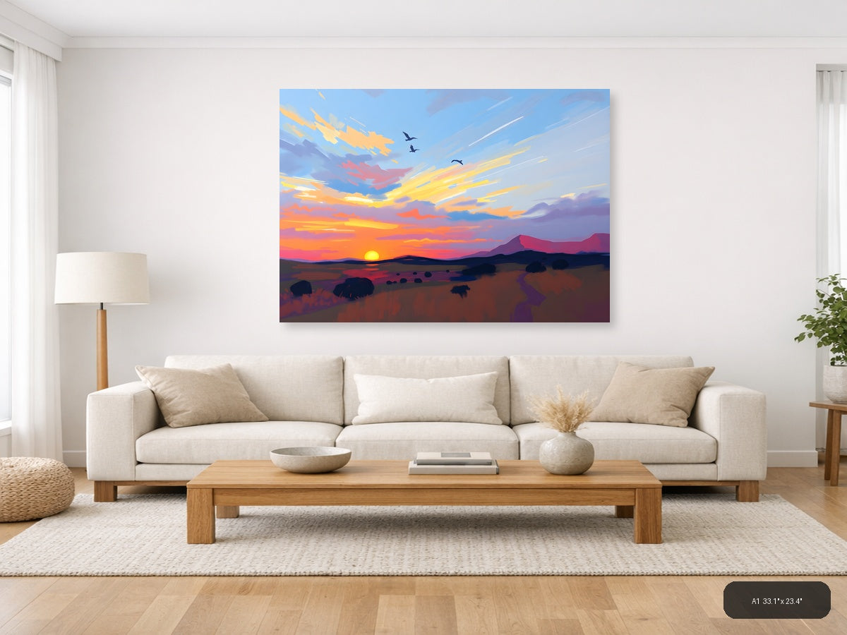 Abstract Sunset Landscape with Birds - Canvas Wall Art — A1 / Living Room