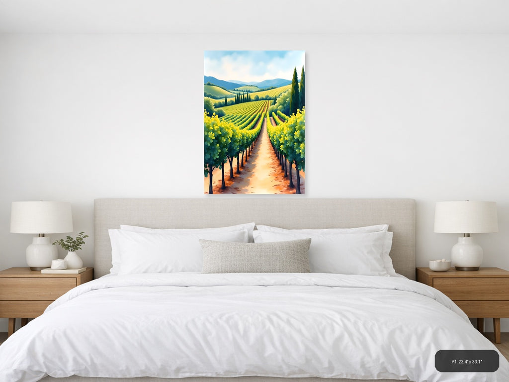 Tuscan Vineyard Landscape Watercolor Wall Art — A1 / Bedroom