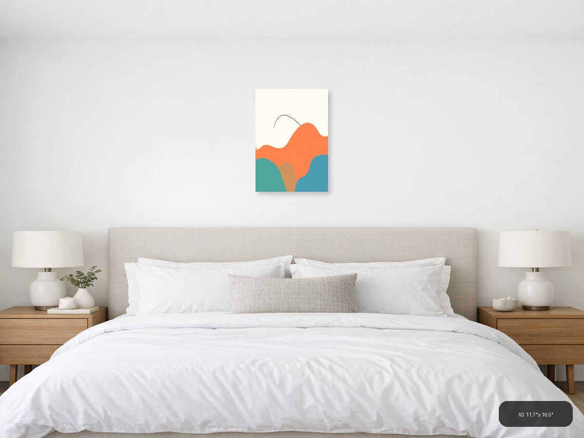 Minimalist Abstract Waves in Coral, Teal & Blue Wall Art — A3 / Bedroom