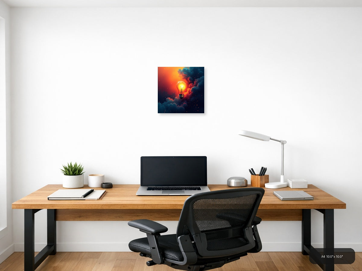 Glowing Lightbulb in Fiery Clouds | Abstract Canvas Print Wall Art — A4 (Office)