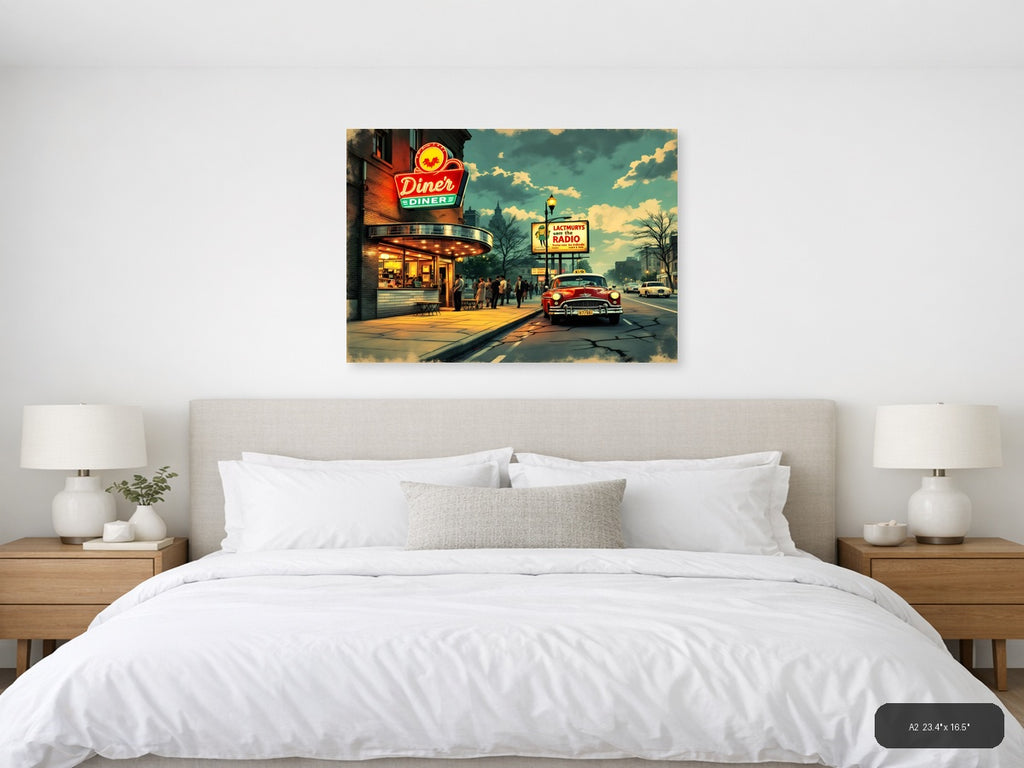 Vintage Diner Street Scene Retro Americana Wall Art — A2 / Bedroom