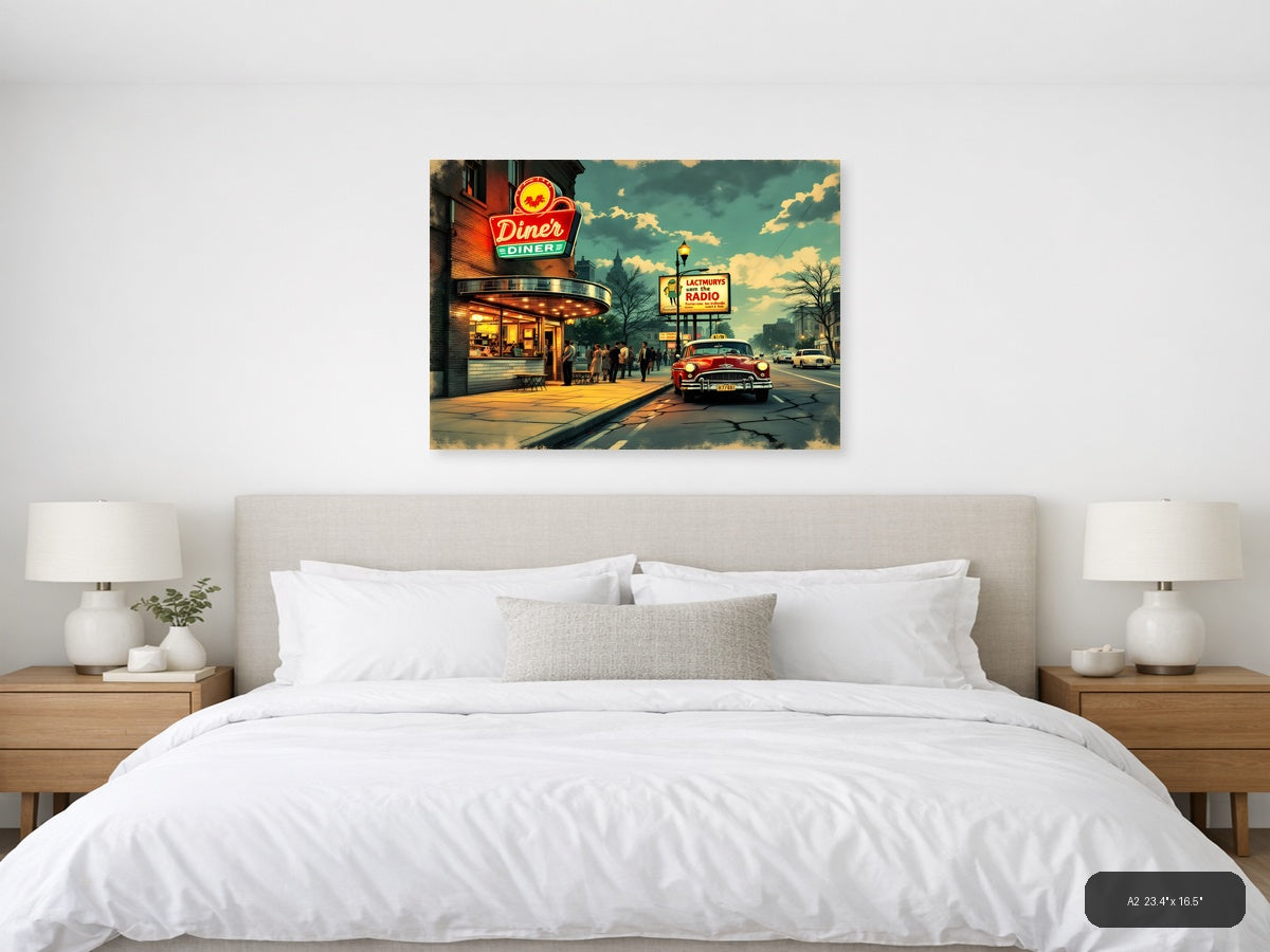 Vintage Diner Street Scene Retro Americana Wall Art — A2 / Bedroom