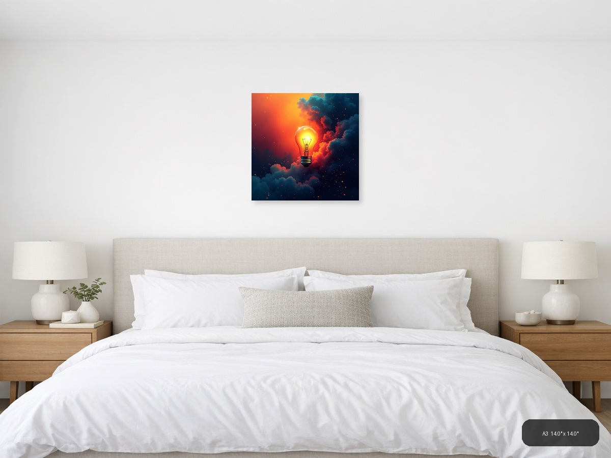 Glowing Lightbulb in Fiery Clouds | Abstract Canvas Print Wall Art — A3 (Bedroom)