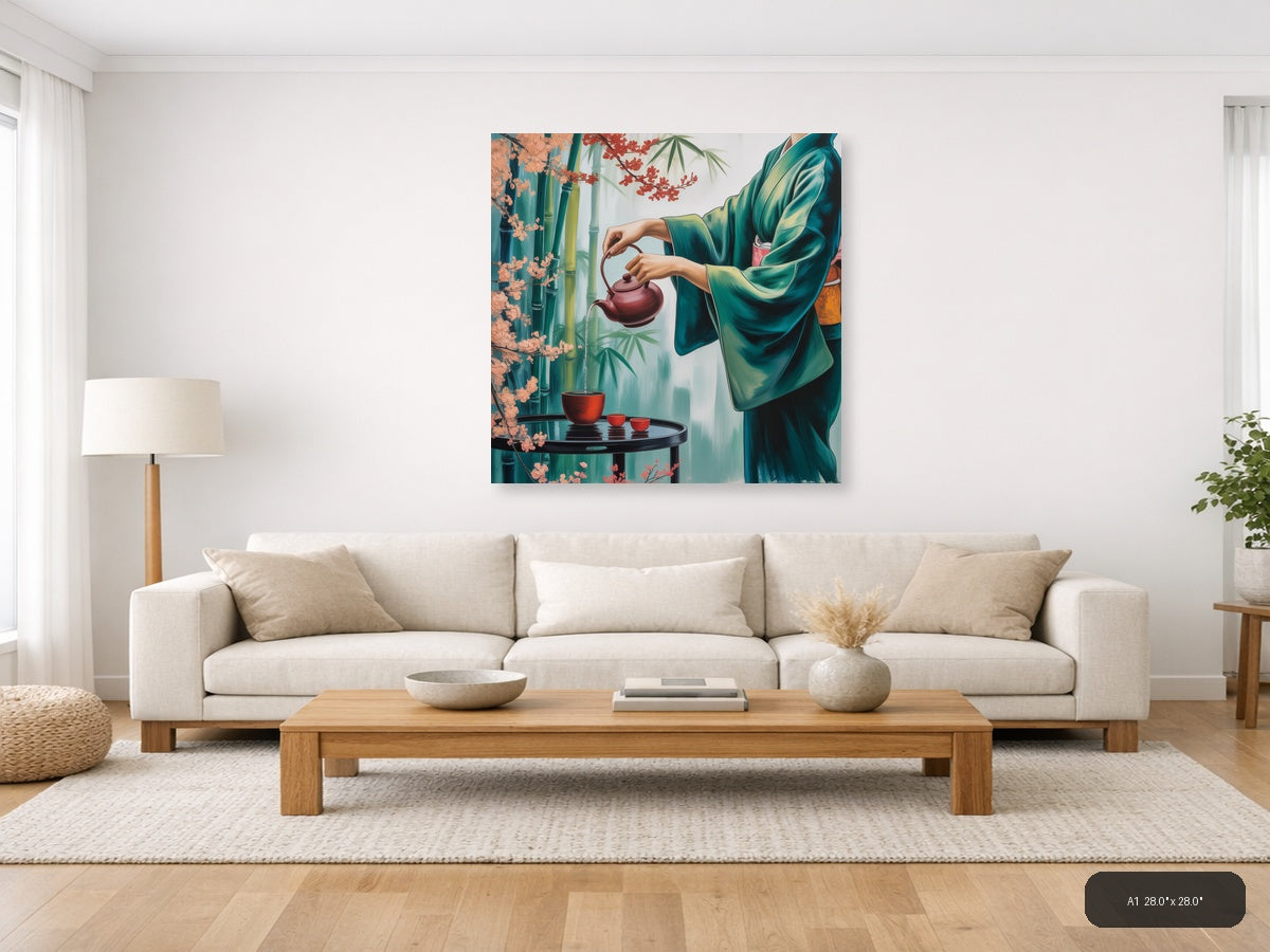Asian Tea Ceremony Green Silk Teapot Wall Art — A1 / Living Room