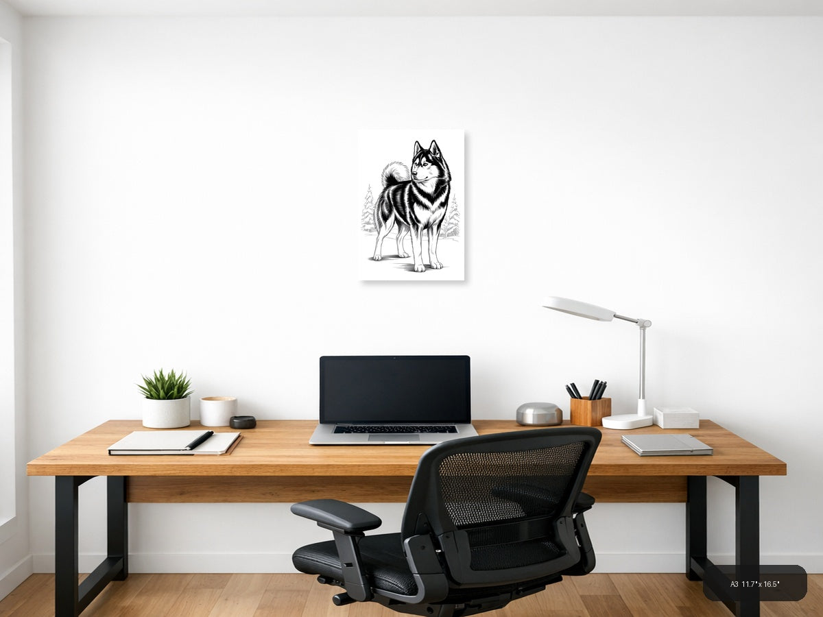 Husky Portrait Line Art Drawing - Black & White Wall Art — A3 / Office