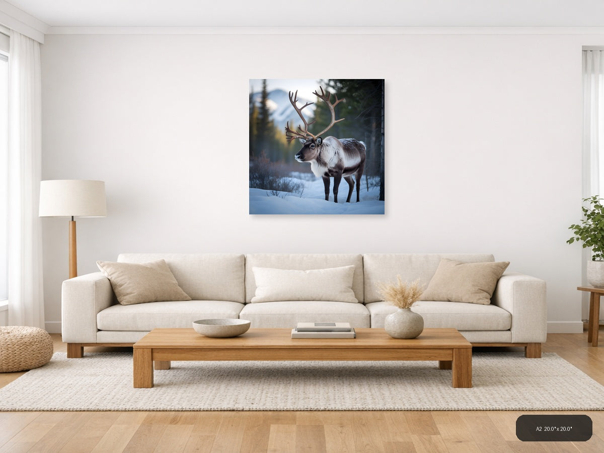 Majestic Reindeer in Snow Winter Forest Photography Wall Art — A2 / Living Room