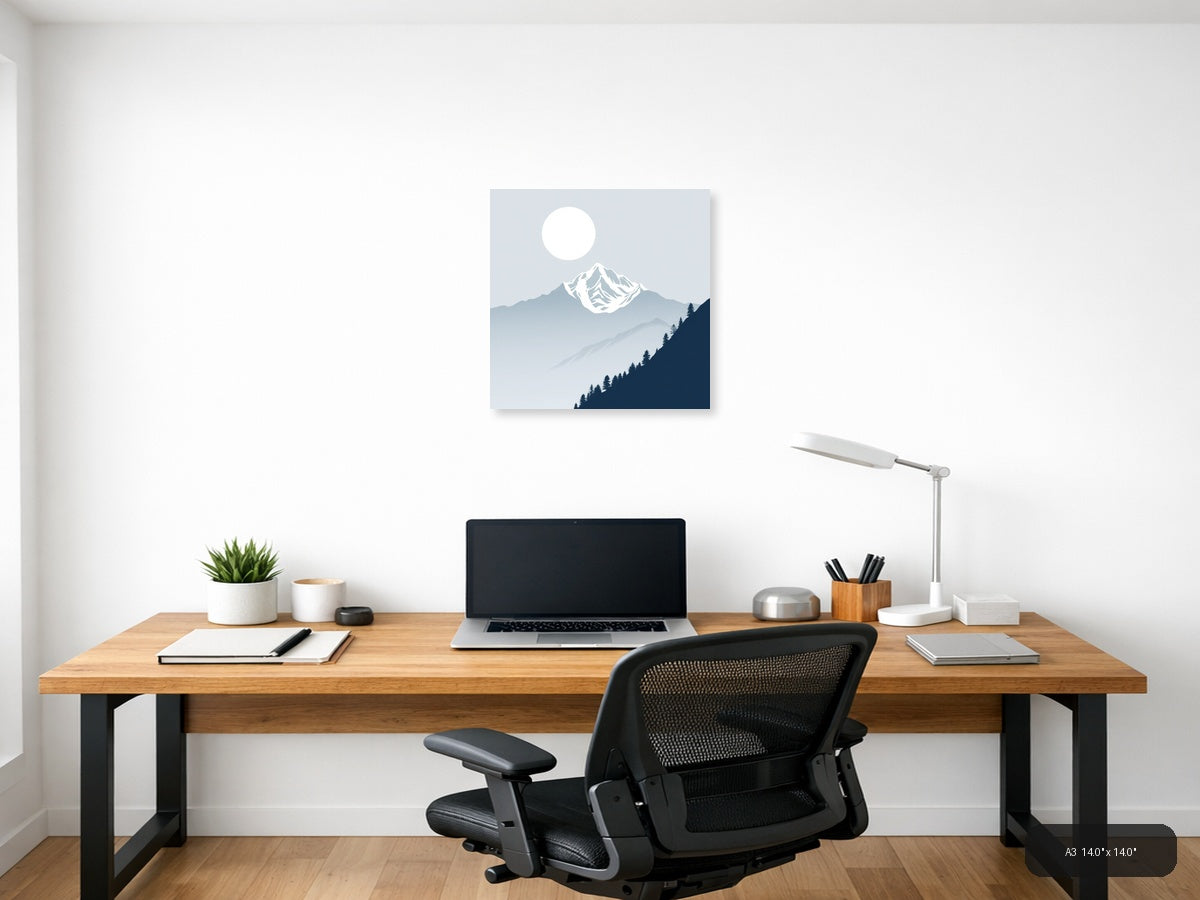 Snow-Capped Mountain Moon Night Sky | Minimalist Landscape Wall Art — A3 (Office)