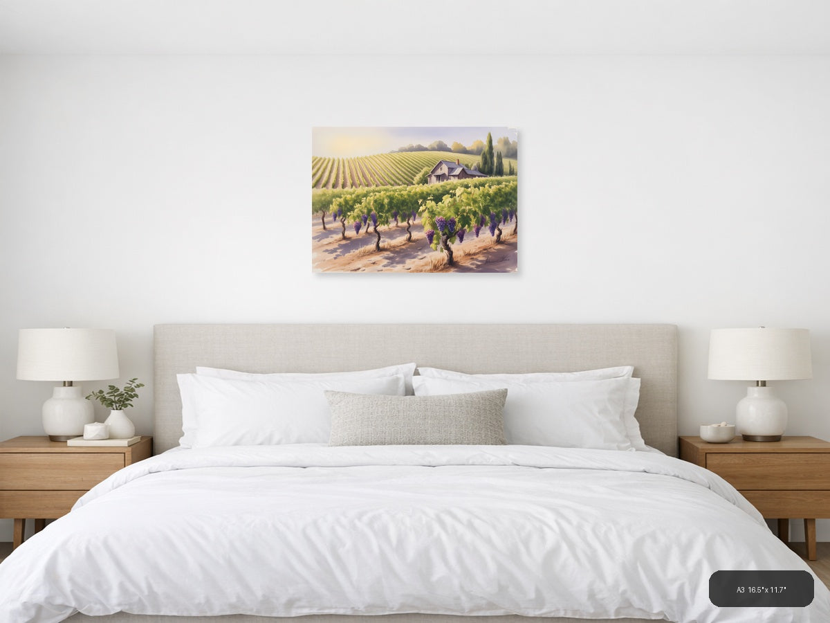 Tuscan Vineyard Landscape Watercolor Wall Art — A3 / Bedroom