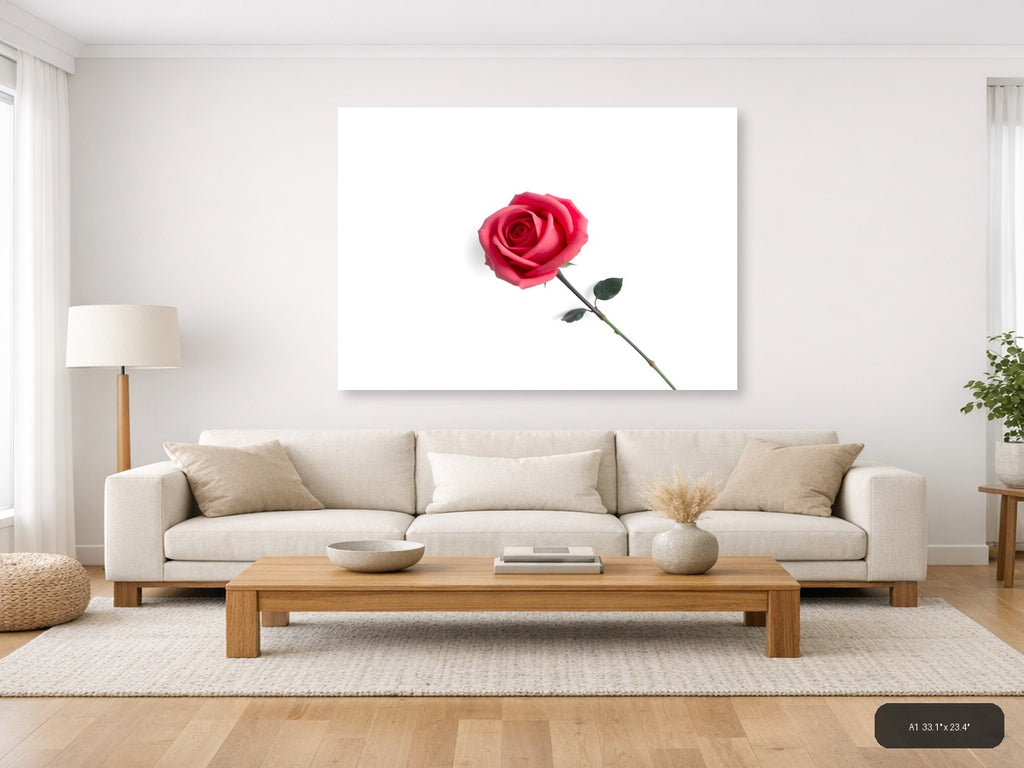 Minimalist Pink Rose on White Background Wall Art — A1 / Living Room