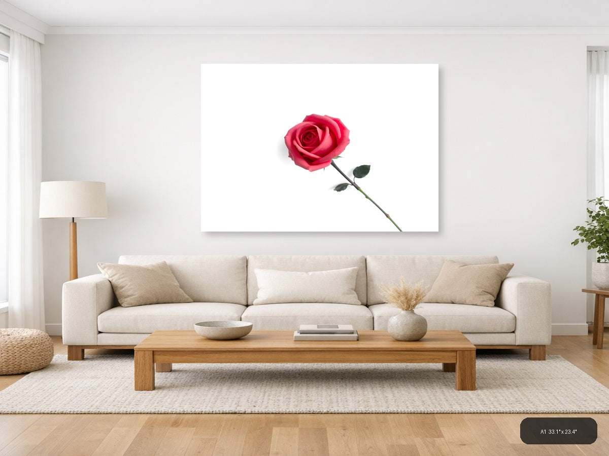 Minimalist Pink Rose on White Background Wall Art — A1 / Living Room