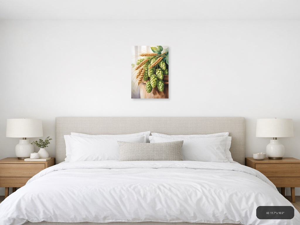 Wheat and Hops Watercolor Botanical Wall Art — A3 / Bedroom