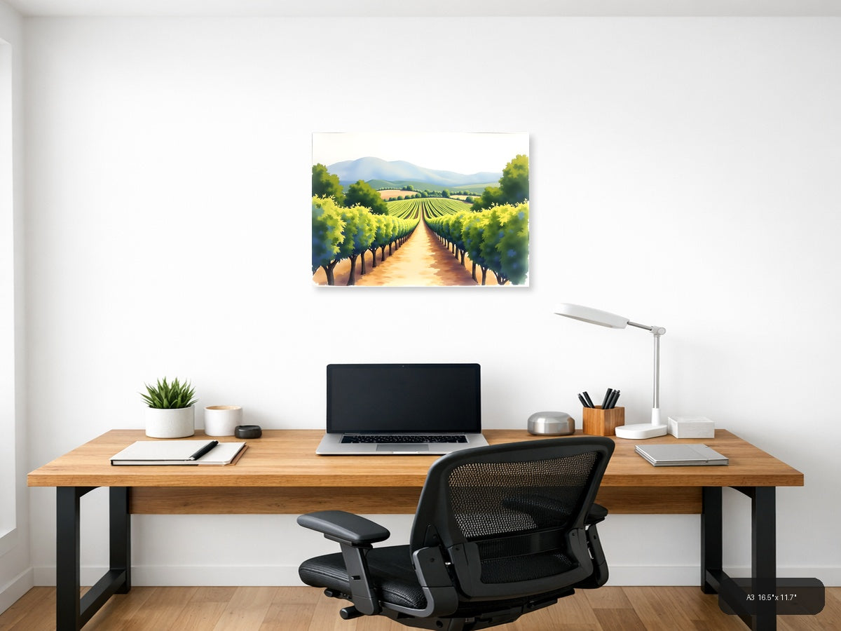 Vineyard Valley Watercolor Landscape Wall Art — A3 / Office