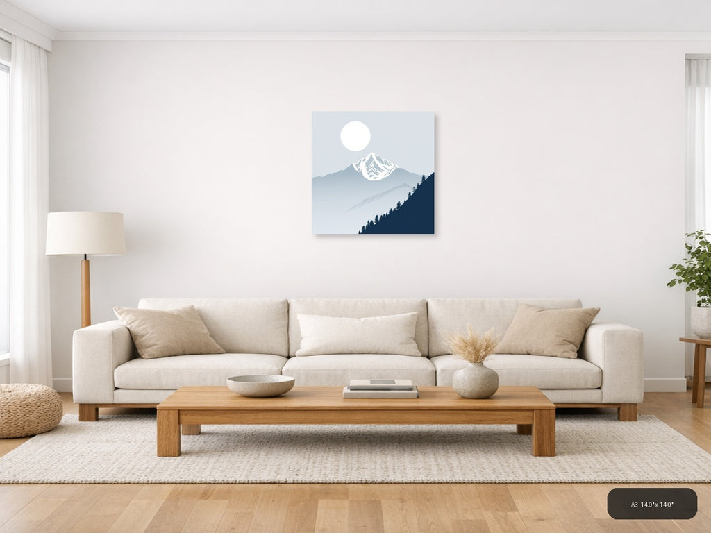 Snow-Capped Mountain Moon Night Sky | Minimalist Landscape Wall Art — A3 (Living Room)