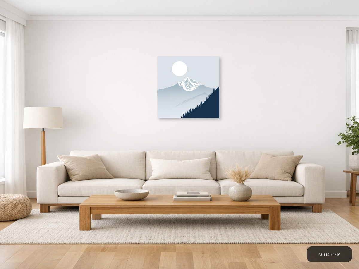 Snow-Capped Mountain Moon Night Sky | Minimalist Landscape Wall Art — A3 (Living Room)