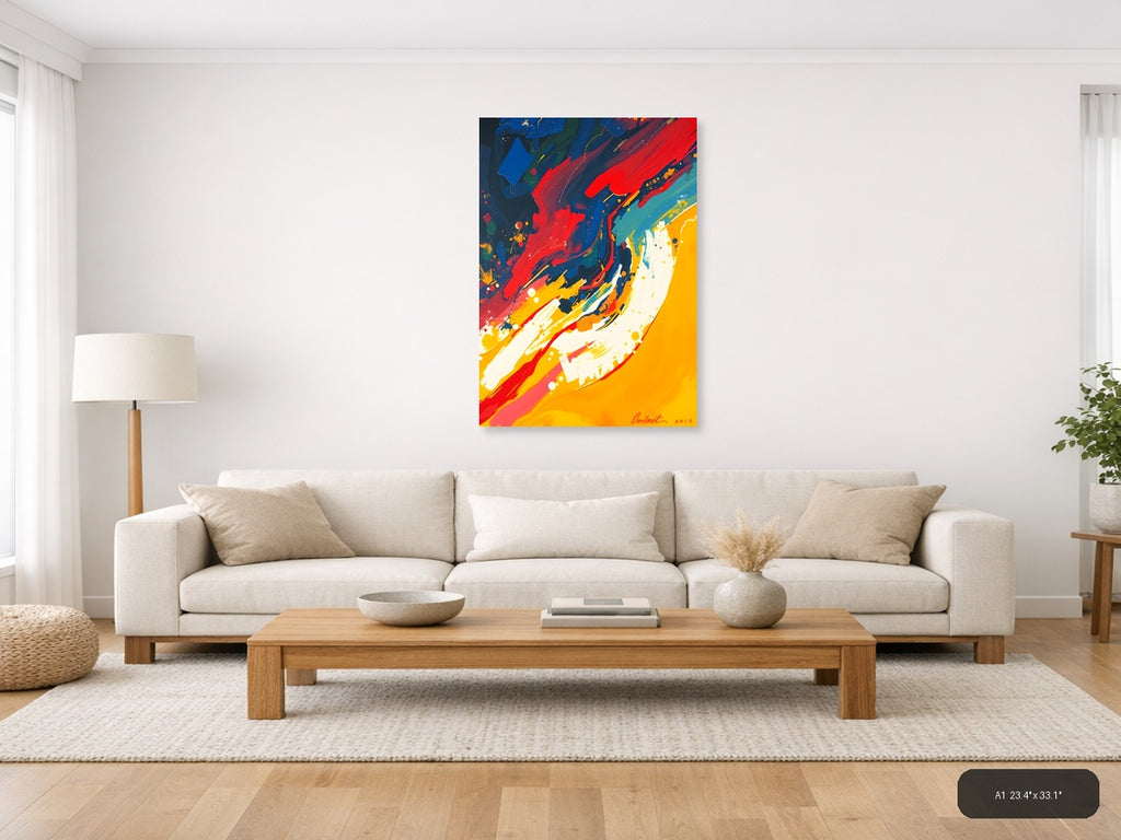Bold Abstract Fluid Art with Red, Blue & Yellow Wall Art — A1 / Living Room