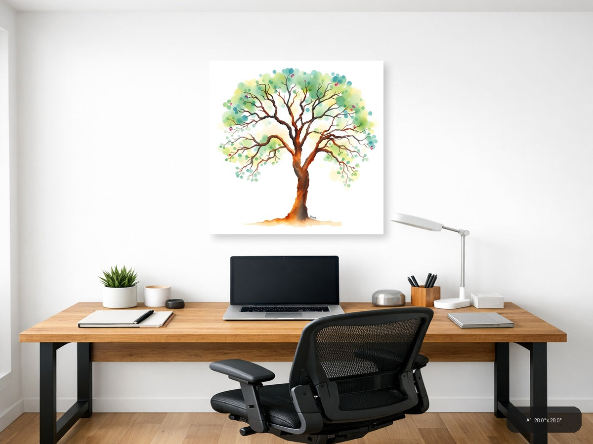 Watercolor Tree with Green Foliage Wall Art — A1 / Office