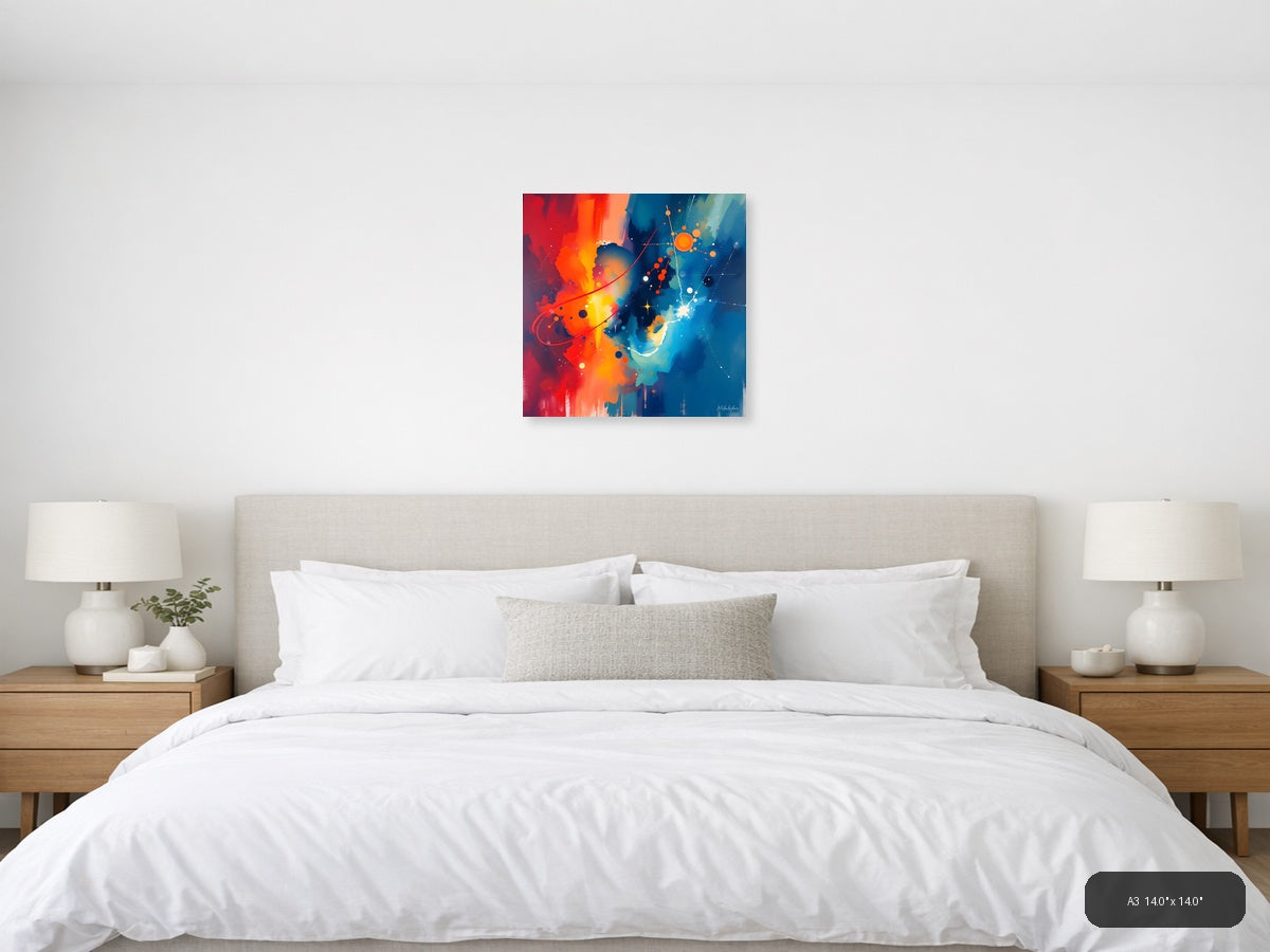 Abstract Cosmic Energy Orange Blue Wall Art — A3 / Bedroom