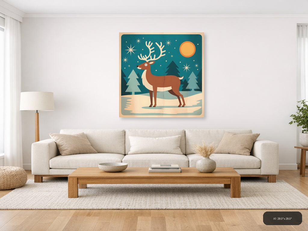 Vintage Reindeer Winter Night Sky Wall Art — A1 / Living Room
