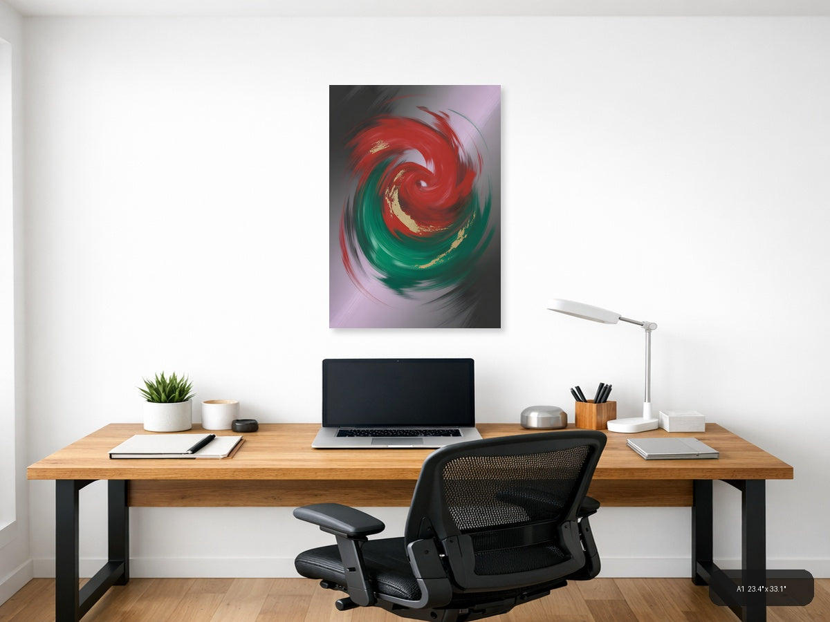 Red and Green Swirl Abstract Gold Accent Wall Art — A1 / Office
