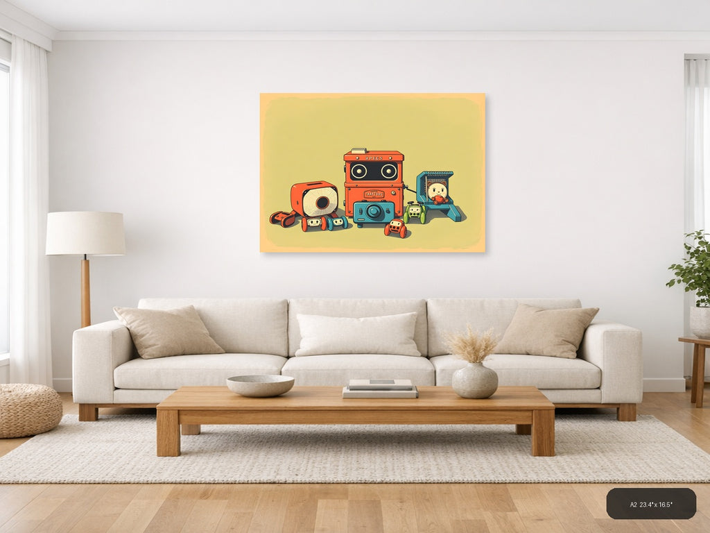 Vintage Robot Toys & Cameras Illustration Wall Art — A2 / Living Room