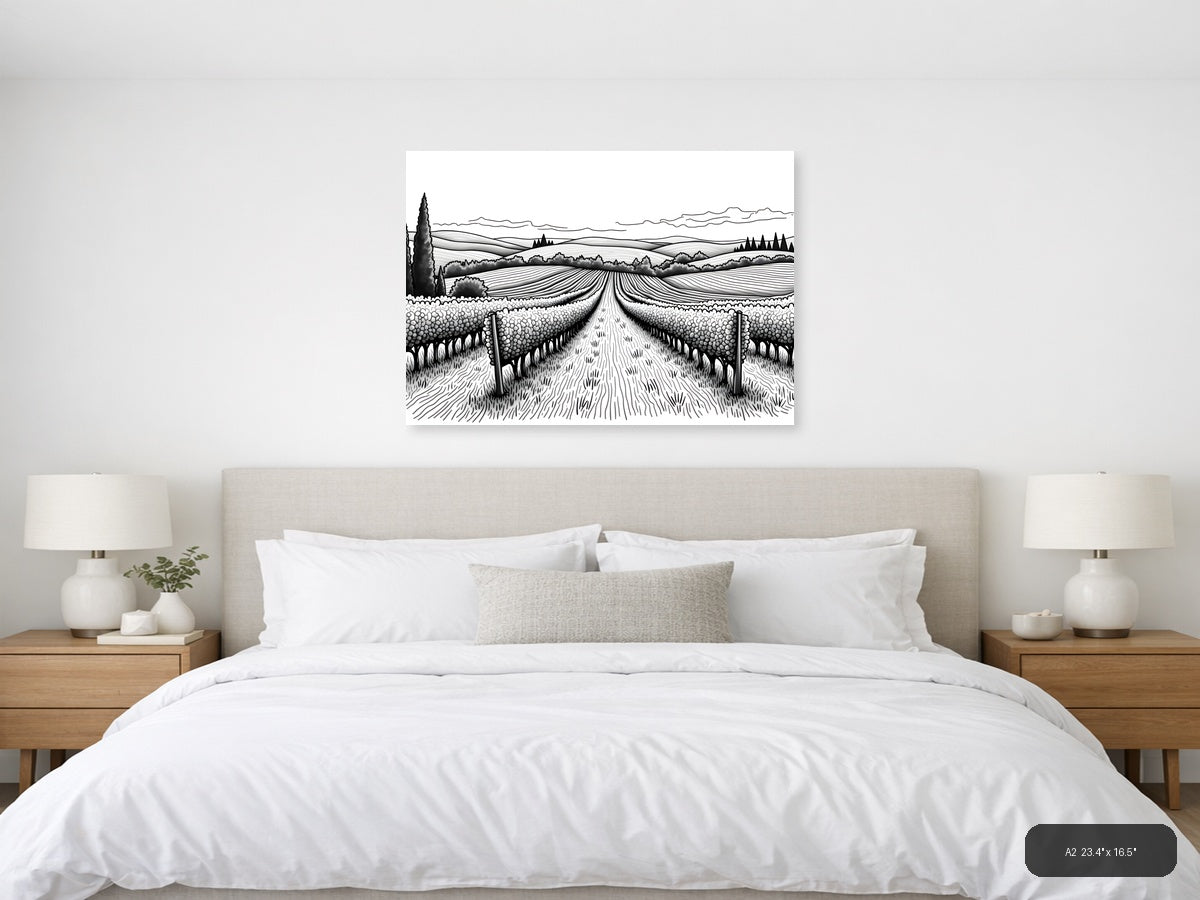 Tuscan Vineyard Landscape Line Art Wall Art — A2 / Bedroom