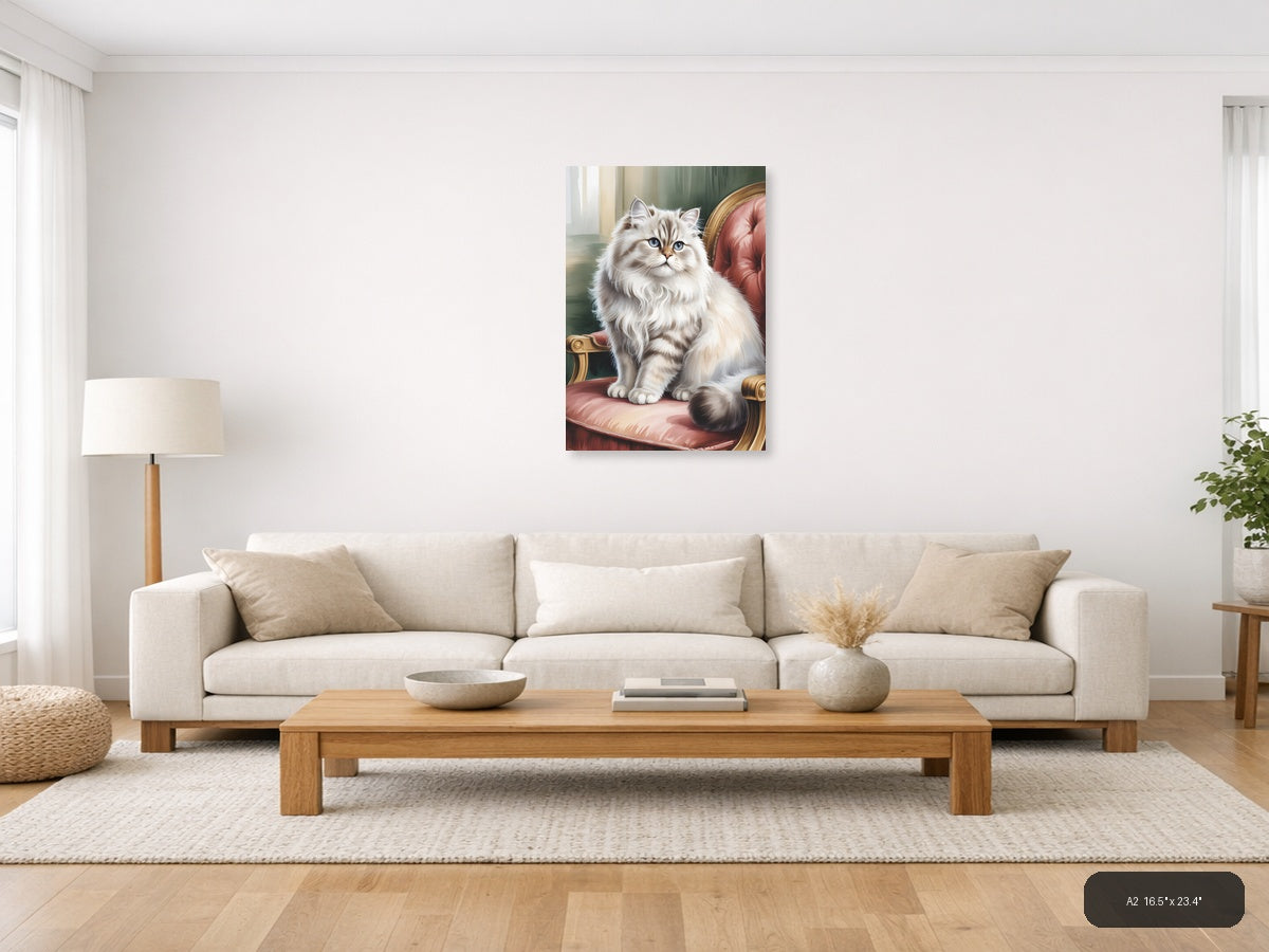 Fluffy White Cat on Pink Chair Watercolor Wall Art — A2 / Living Room