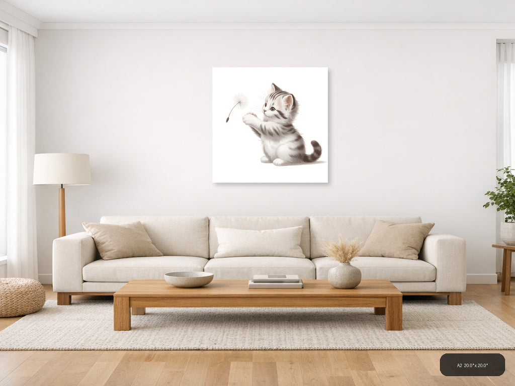 Cute Kitten with Dandelion Minimalist Wall Art — A2 / Living Room