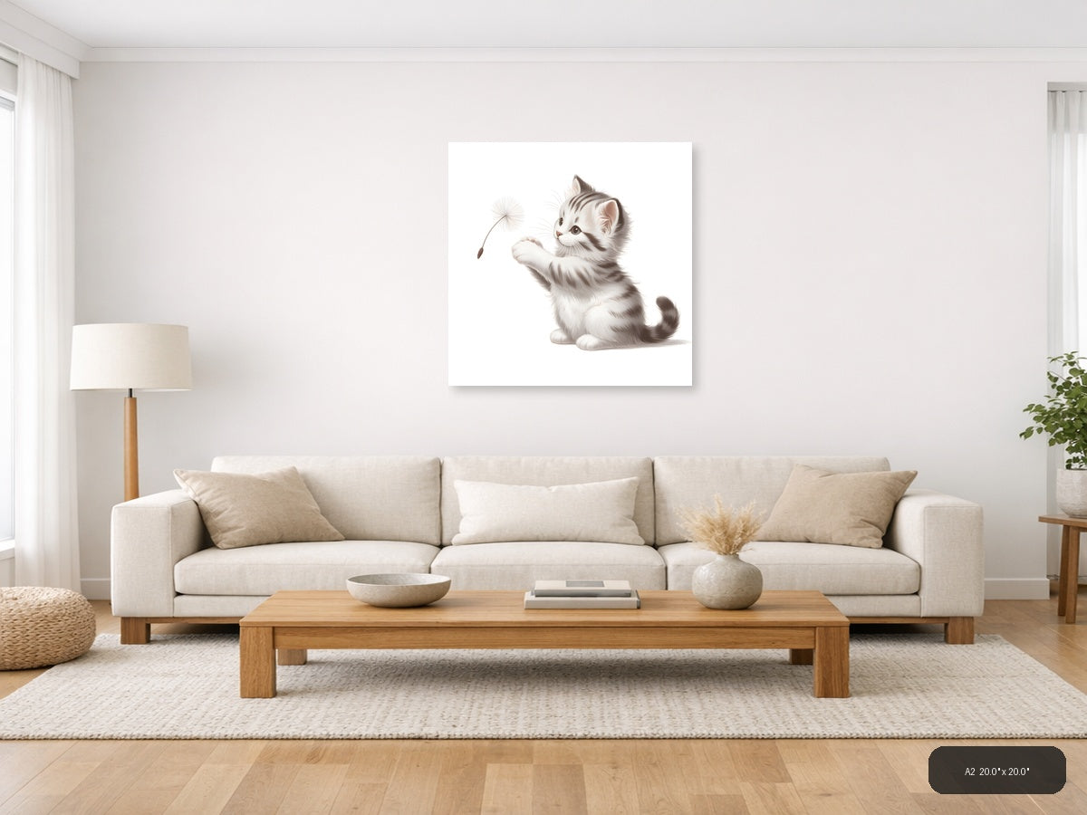 Cute Kitten with Dandelion Minimalist Wall Art — A2 / Living Room
