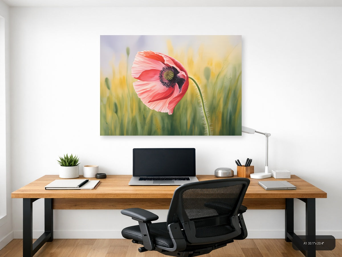 Pink Poppy Watercolor Flower Field Wall Art — A1 / Office