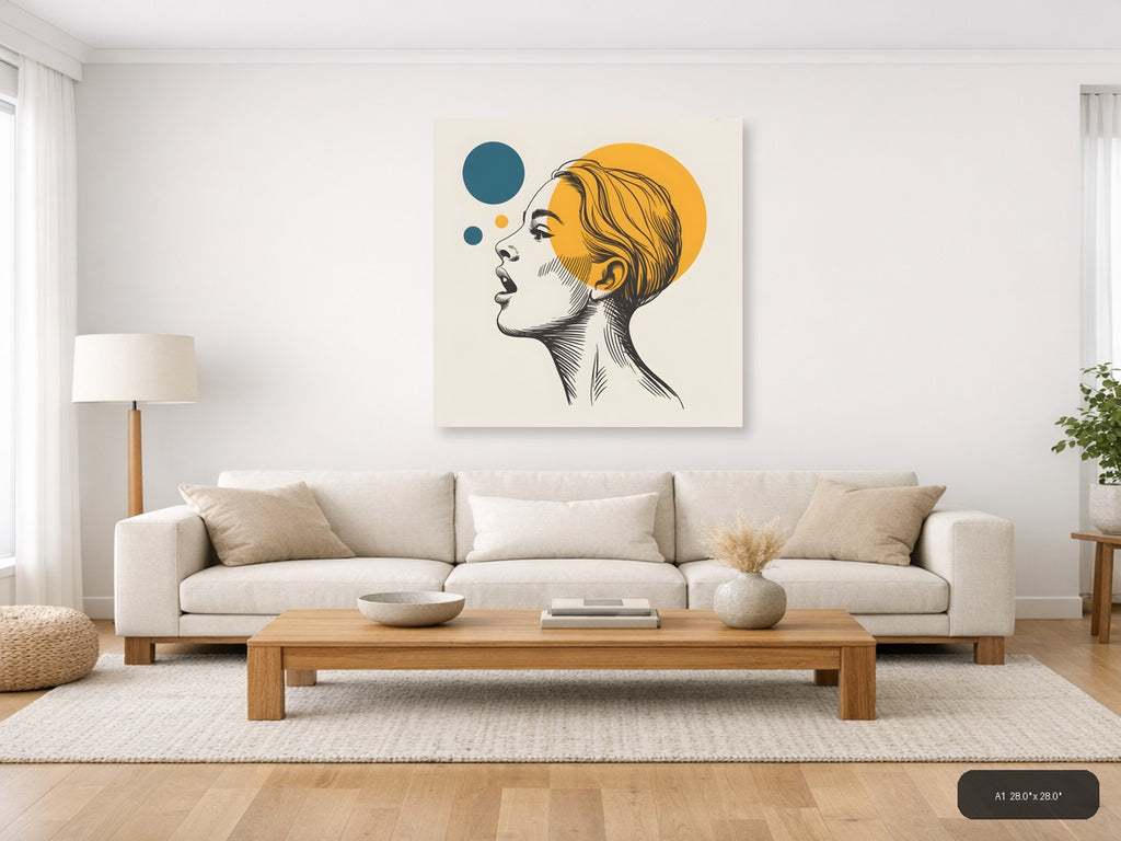 Modern Line Art Portrait with Yellow Circle Wall Art — A1 / Living Room