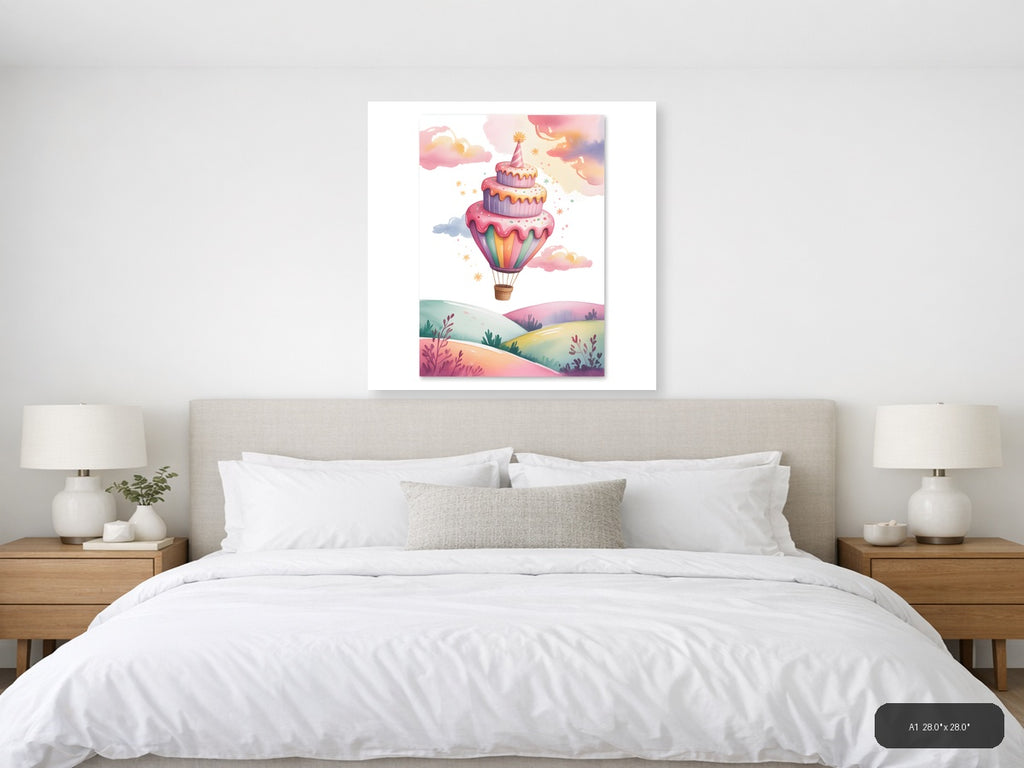 Hot Air Balloon Cake Cloud Watercolor Wall Art — A1 / Bedroom