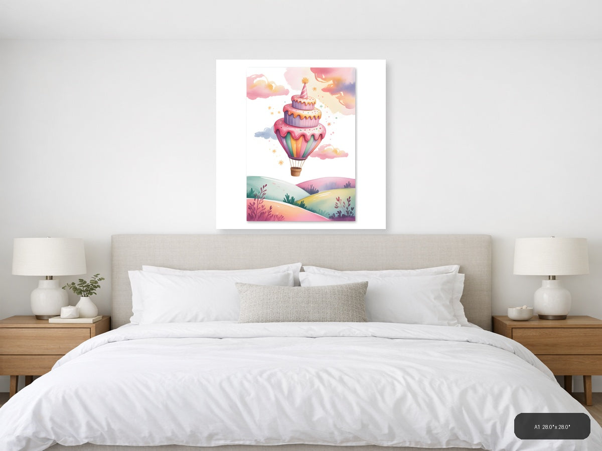 Hot Air Balloon Cake Cloud Watercolor Wall Art — A1 / Bedroom