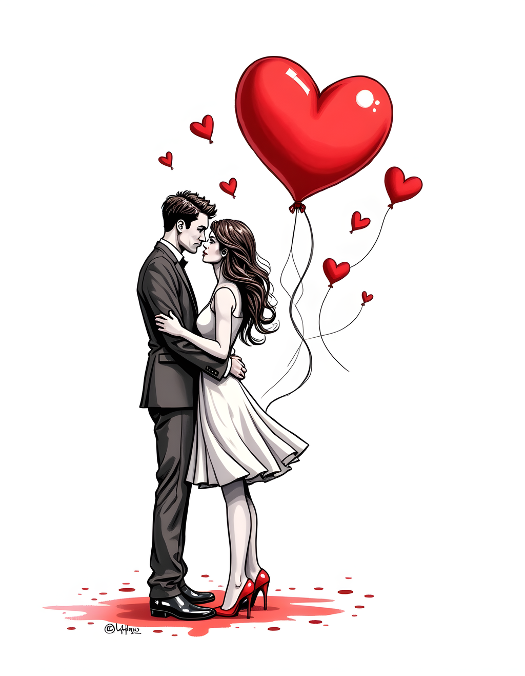 Couple Kissing Heart Balloons Line Art Wall Art