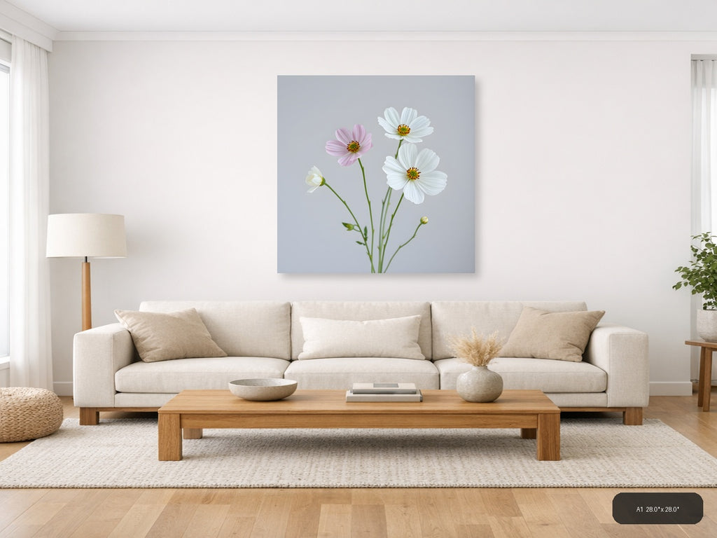 Minimalist Cosmos Flowers Pink White Wall Art — A1 / Living Room